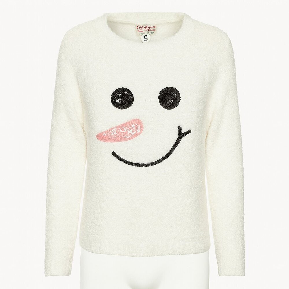 Merry Christmas by Poof Snowman Sweater White Fuzzy Pullover Size Small - Picture 3 of 8
